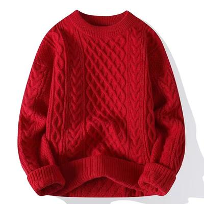 Men Trendy Knitted Sweater Casual Warm Inner Loose-fit Pullover Cozy Round Neck Soft Supple Fall Winter Fashion