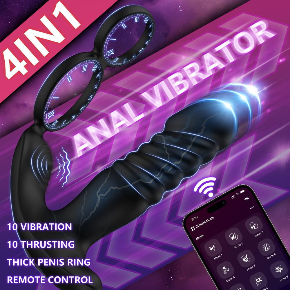 Prostate Massager for Men Male Thrusting Vibrator with APP Control Delayed Ejaculation Double Cork Ring Butt Plug Adult Sex Toy