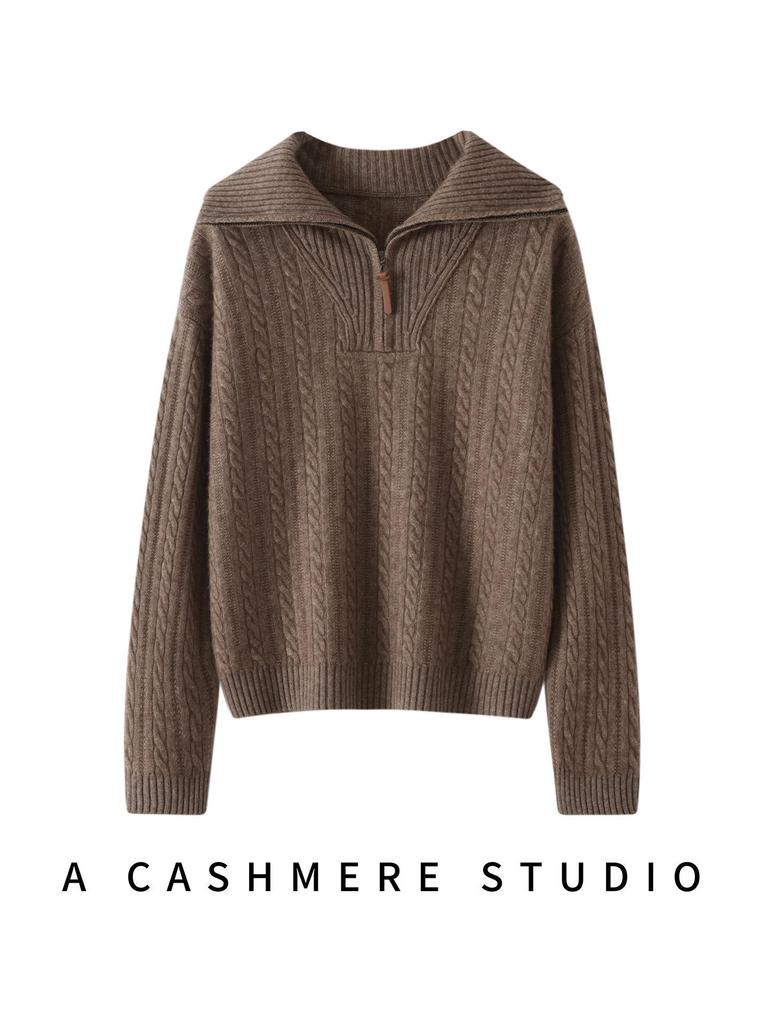 Little He Women's Half-Open Lapel Cashmere Sweater, Cable Knit, Seven-Gauge Thickened Wool, Simple Winter Wear