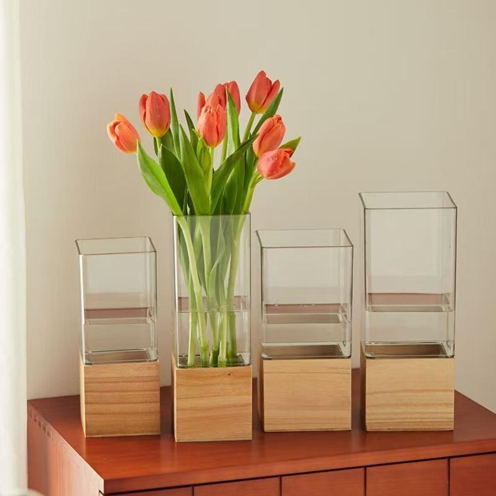 Wooden Base Acrylic Flowers Vase Transparent Decorative Vase Simple Light Luxury Vase  Study