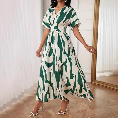 Women Summer Short Sleeve Color Matching Holiday Beach One Piece Dress