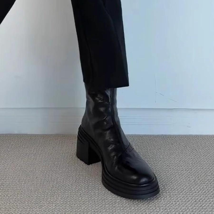 Blue Cabinet Edition~ Small Thick-soled Height-increasing Skinny Boots Women's Martin Boots British Retro Round Head Thick Heel Short Boots