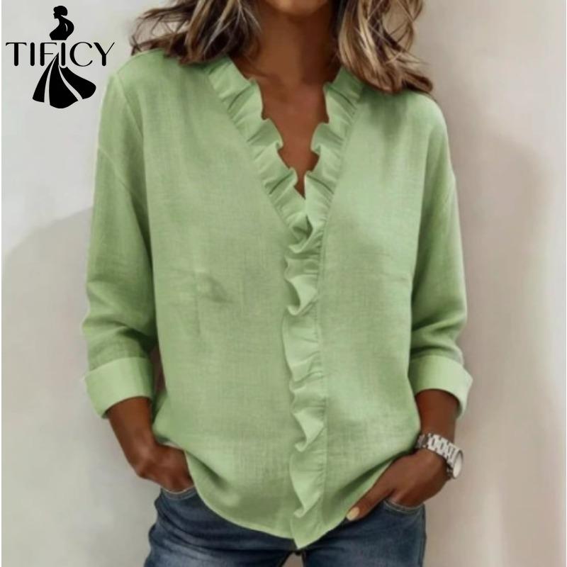 TIFICY Women's Fashion Casual Spring Autumn Solid Color Print Long Sleeve V-Neck Blouses & Shirts