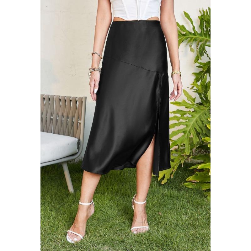 High Waist Satin Solid Color Split Long Bustier Skirt