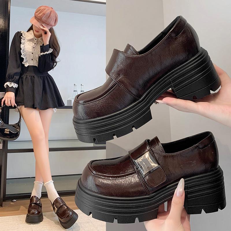 Thick-soled Heightening Small Leather Shoes Women's 2025 Autumn New British Style High-heeled Thick Heel Versatile Skirt Loafer Single Shoes