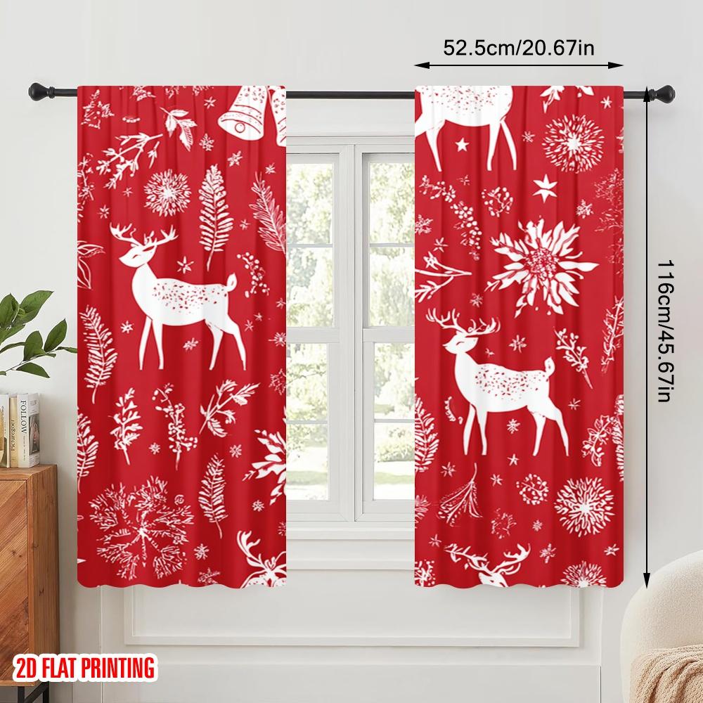 2pcs,2D Plane Printing Curtain Popular Christmas Reindeer and Bells Durable 100% Polyester Fabric (without Rod) Decorations