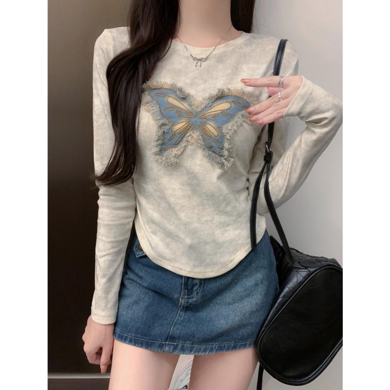 

Real shot long-sleeved T-shirt women s autumn slim-fit short denim embroidered butterfly splicing top XL хаки