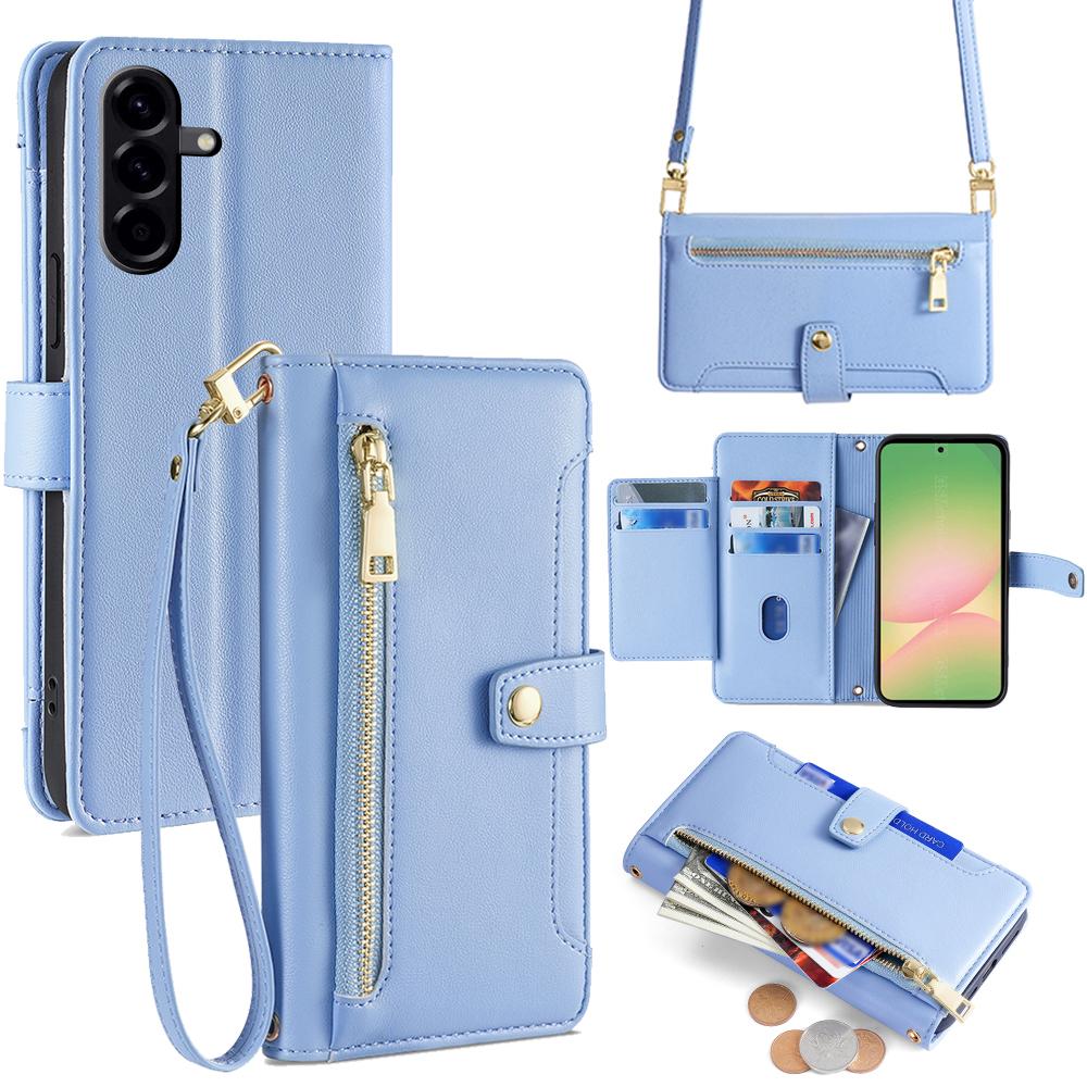 For Samsung Galaxy A56 5G Case Zipper Pocket Wallet Leather Phone Cover with 2 Straps
