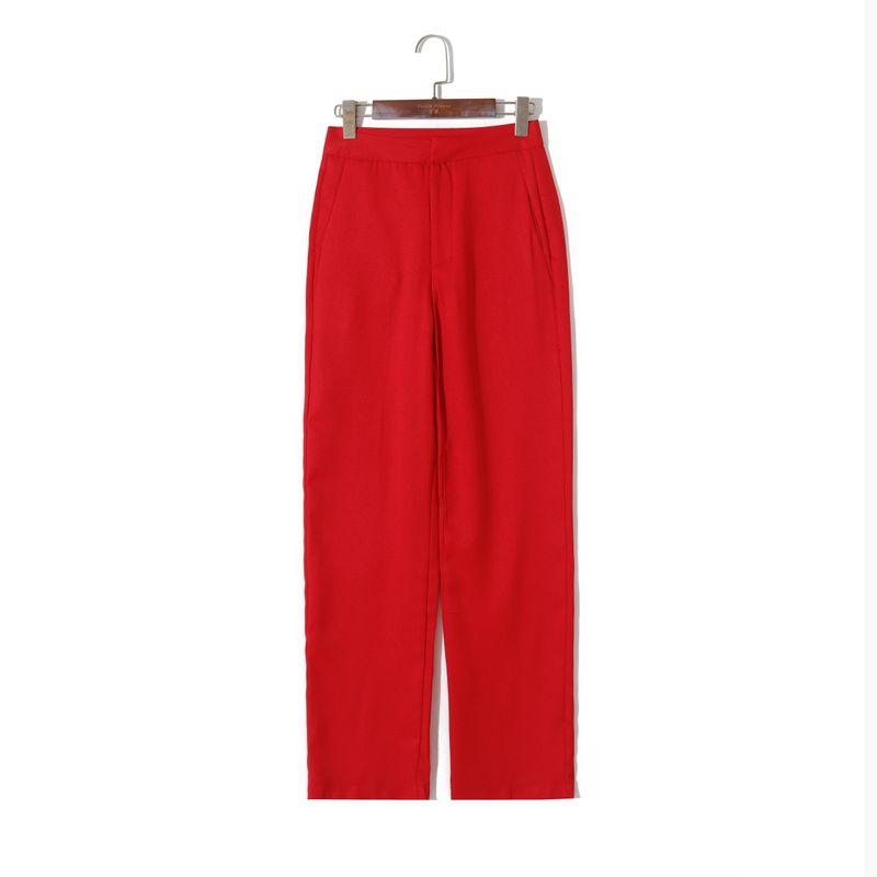 

Летняя женская одежда 2024 года, корейский стиль, модные простые однотонные повседневные брюки, высокая посадка, двойной карман, свободные, стройнящие прямые брюки Red XS