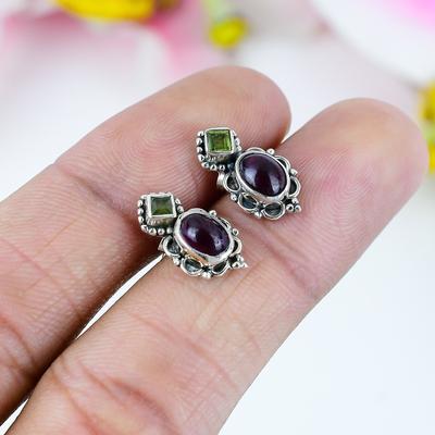 Boucles d'oreilles en argent sterling massif 925 avec grenat naturel et péridot 0,75" p1w04