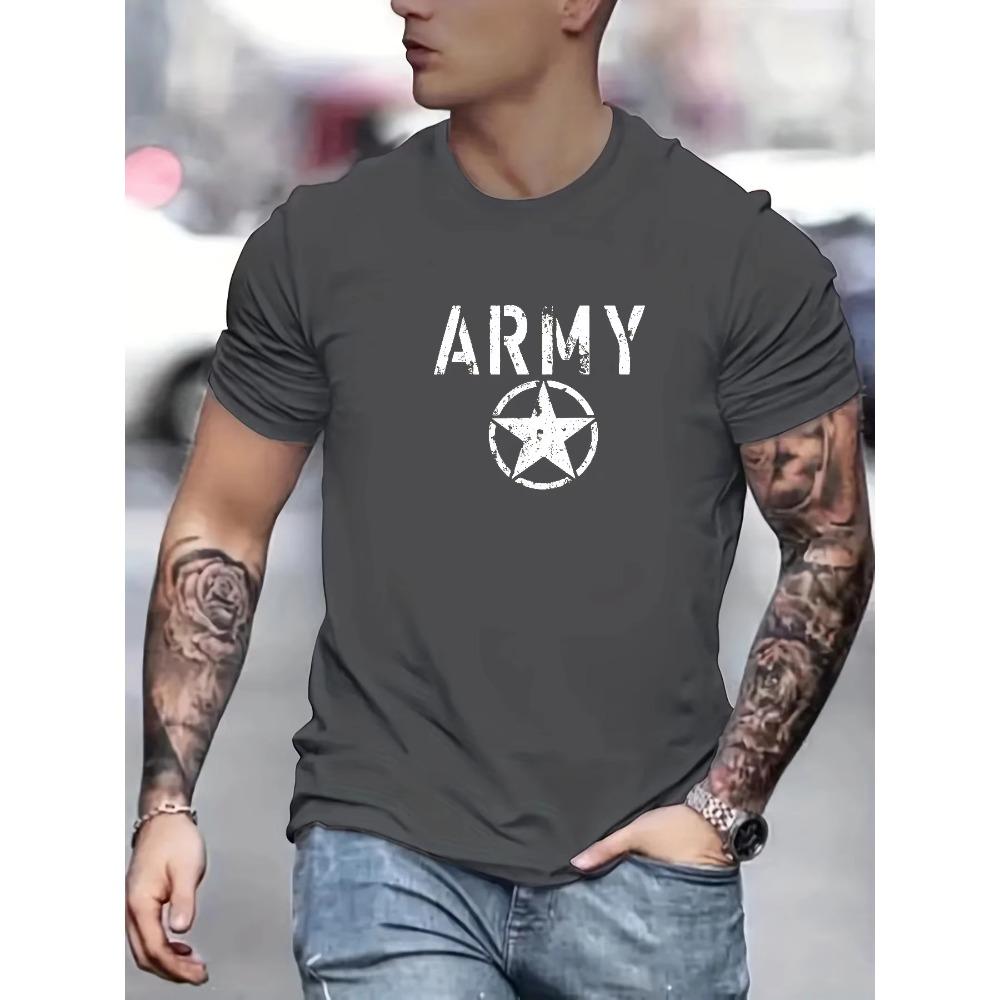 Men's Summer 100 Cotton Fashionable Casual Loose Sports ARMY and Five Pointed Star Printed Round Neck Short Sleeved T-shirt Top
