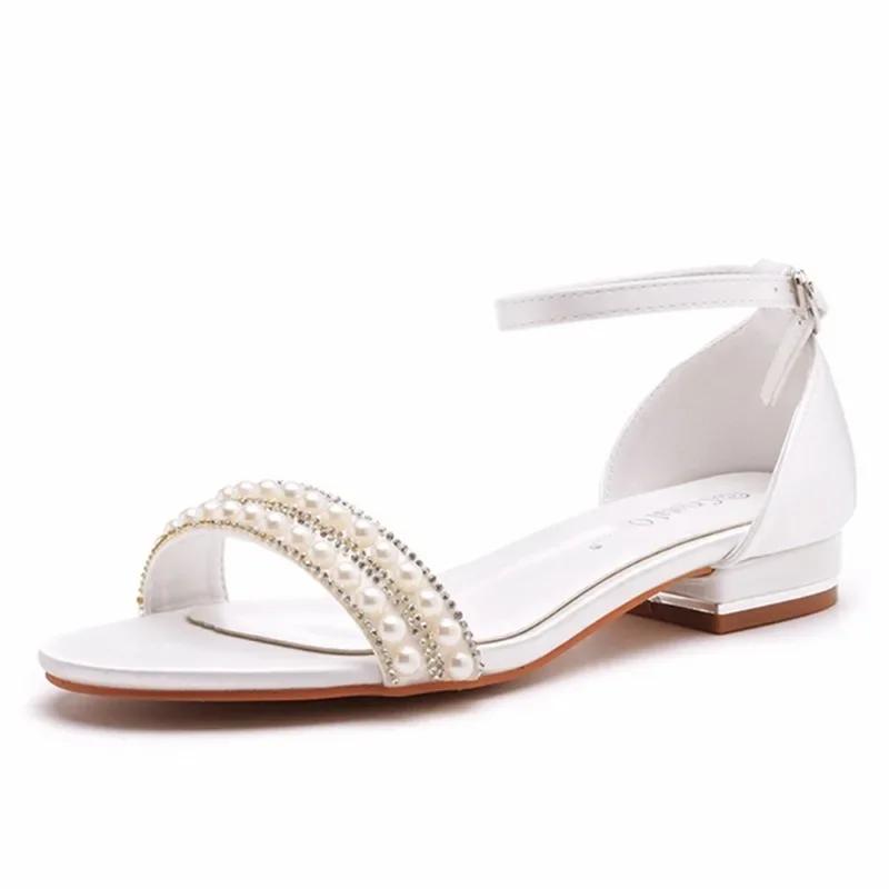 Women Sandals Fashion Sandalias String Bead Silk 2CM Flat Heels Buckle Strap Pearl Women's Shoes Casual White Modern Sandals