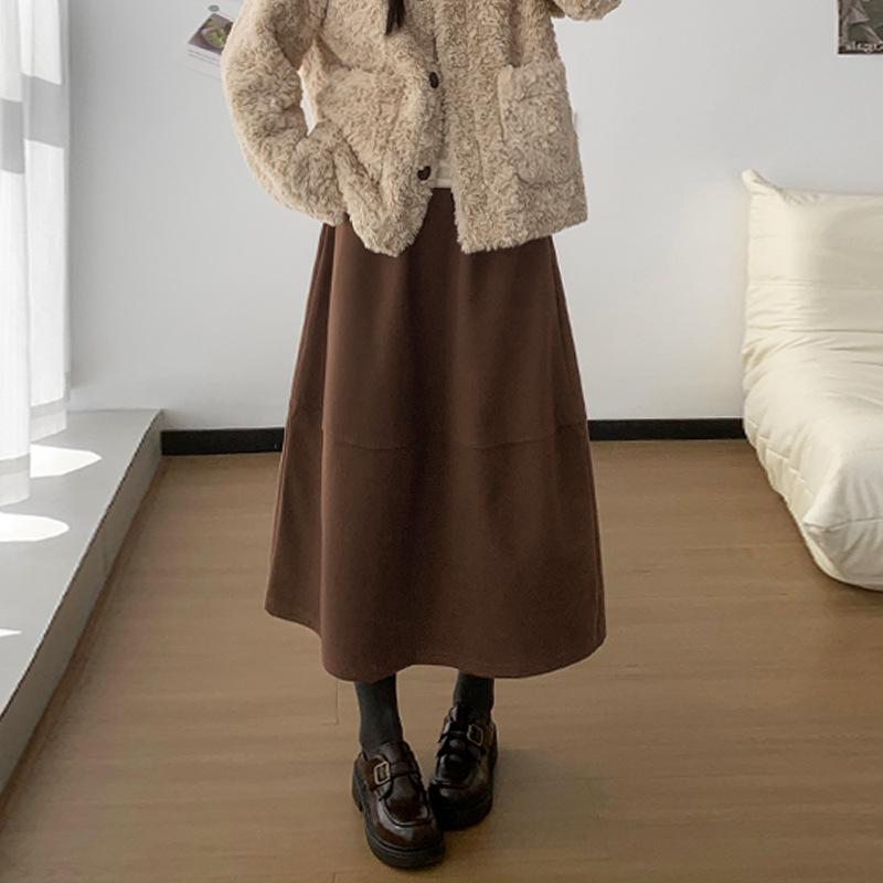Women's Woolen Patchwork A-line High-waisted Skirt - Autumn/Winter, Slimming, Versatile, Mid-length Drape Design