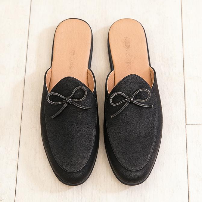 Fashion New Men's Black Bow Tie Half Slippers Shoes Male Casual Pu Leather Mules Moccasins Breathable Loafers Zapatos Hombre
