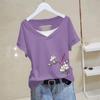 Women's 2025 Summer Pure Cotton Ripped V-Neck T-Shirt: Hollow Out Versatile Fake Two-Piece Short Sleeve, Loose & Slimming Design