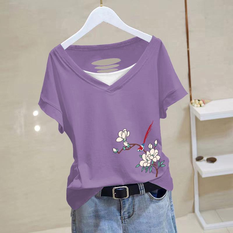 

Women s 2025 Summer Pure Cotton Ripped V-Neck T-Shirt: Hollow Out Versatile Fake Two-Piece Short Sleeve, Loose & Slimming Design L [90-105 jin]