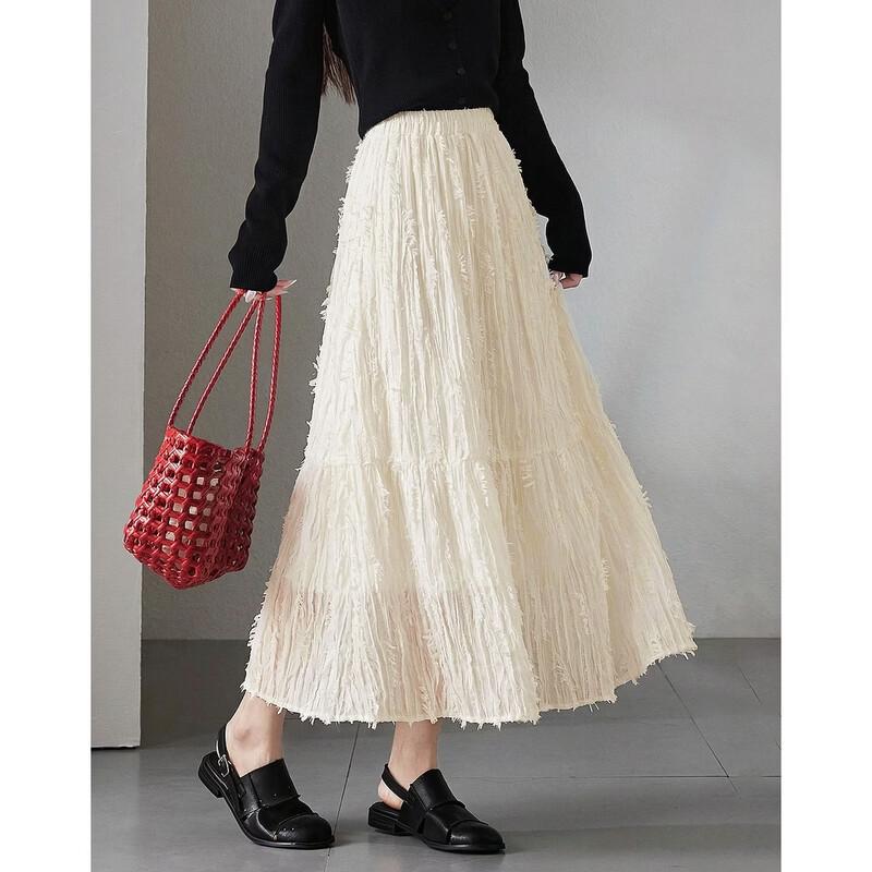 Pleated Tassel Mesh A-Line Long Skirt
