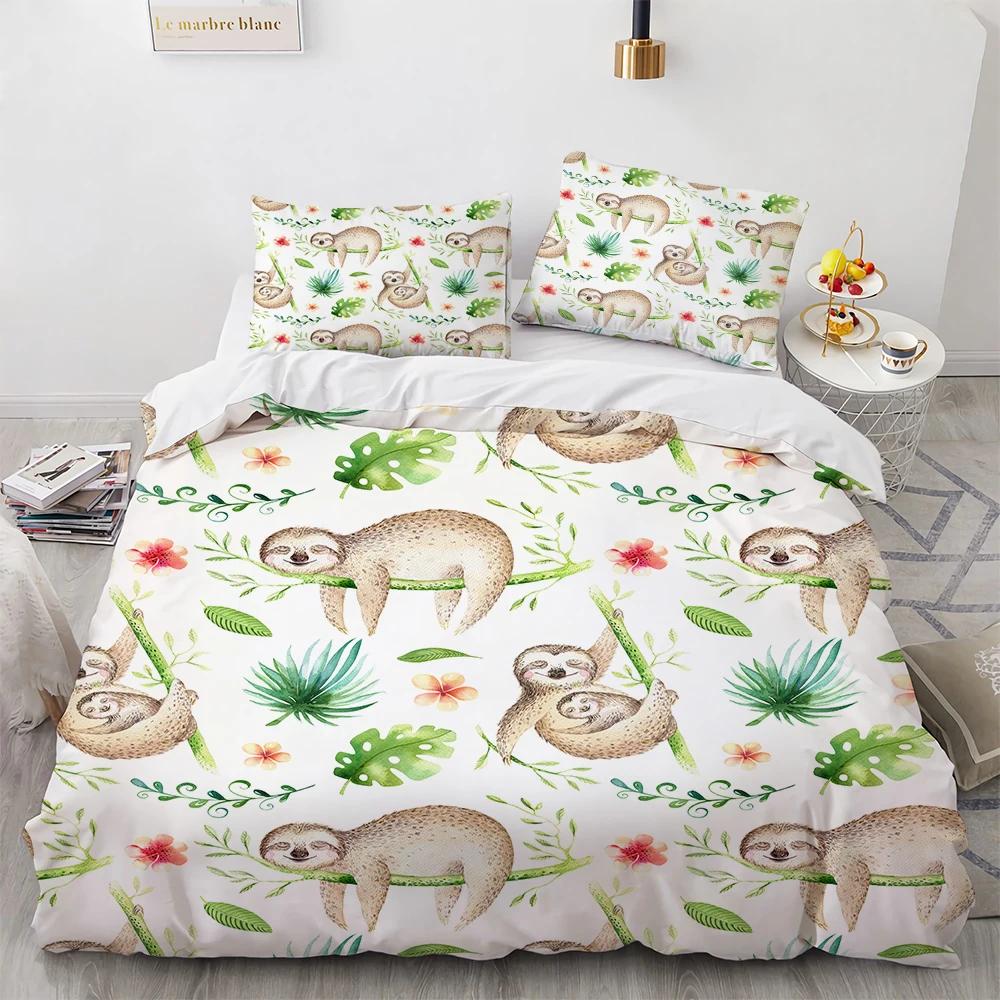 Watercolor Brown Sloth Duvet Cover Cartoon Animals Pattern For Kids Teens Boys Girls Wildlife Bedroom Decorations Quilt Cover
