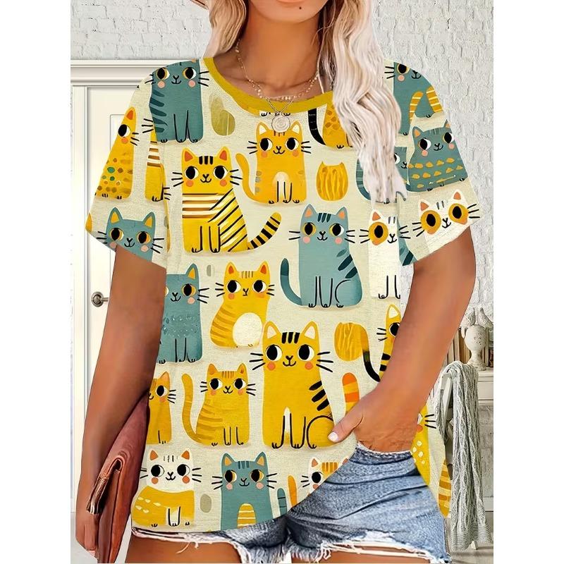 Summer Cute Cartoon Cat T-Shirts Women Short Sleeve Round Neck T Shirt Tees Harajuku Y2K Top Female Clothing