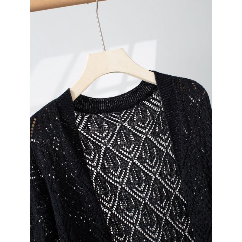 Open Front Hollow Out Knit Cardigan Long Sleeve Loose Cover Up Sweater