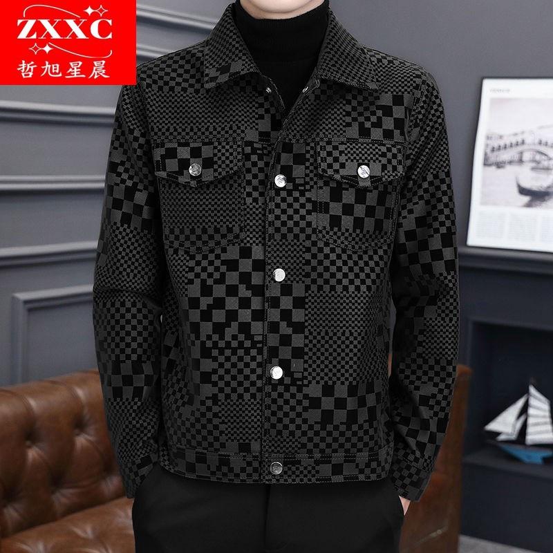 Autumn and winter new coat men's trendy brand ruffian handsome floral plaid leather jacket clothes men's trendy casual top
