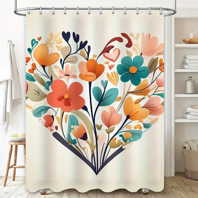 Colorful Heart-Shaped Floral Print Shower Curtain For Bathroom Decor