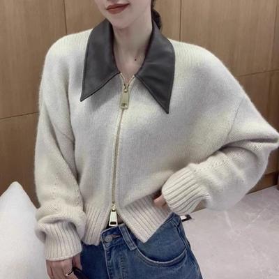 Herbst- und Winter-Design: Strickcardigan-Top mit Reverskragen, Damen, kontrastfarben, weich, wachsartig, trendig