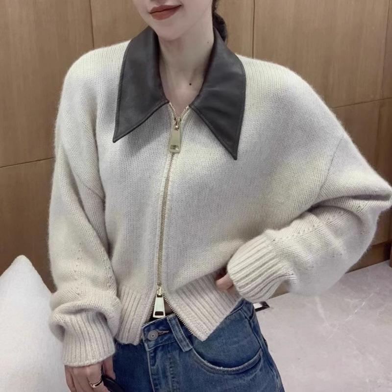 Autumn and Winter New Design Lapel Knitted Cardigan Top Women's Contrasting Color Soft Waxy Sweater Jacket Tide
