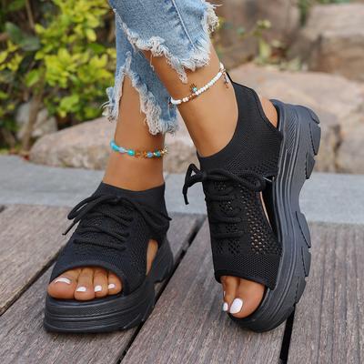 Fashion Women Sandals Comfortable Knitted Sporty Platform Sandals Peep Toe Lace-Up Designer Versatile Casual Slingback Shoes for Women