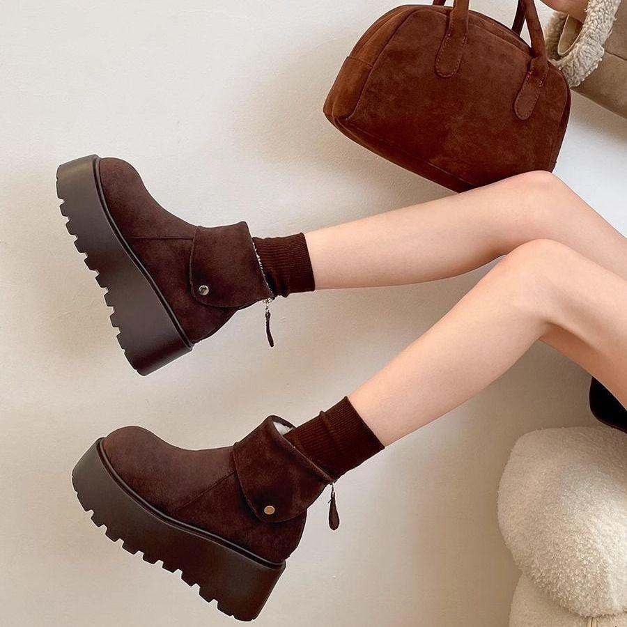 Fleece Stacked Short Boots In the Winter of 2025, New Outer Wear Lapel Platform Cotton Shoes, Thickened Warm Snow Boots for Women
