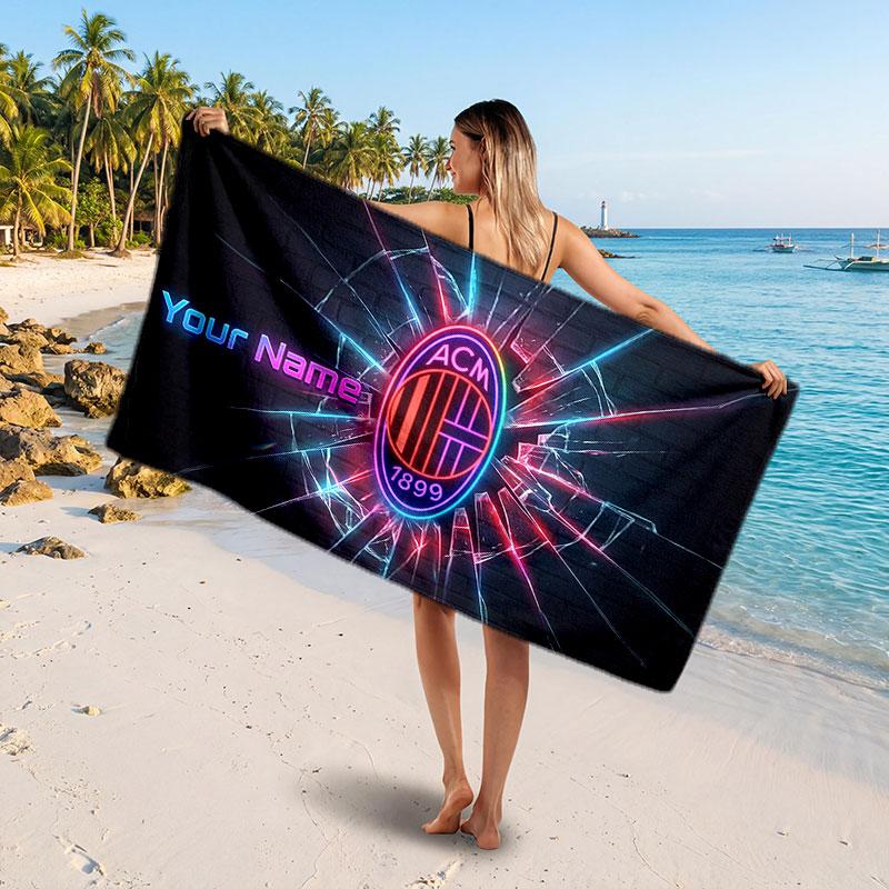 AC Milan Custom Beach Towel, Personalized Name Text Print, Football Logo Soft Quick‑Dry Towel Holiday Gift