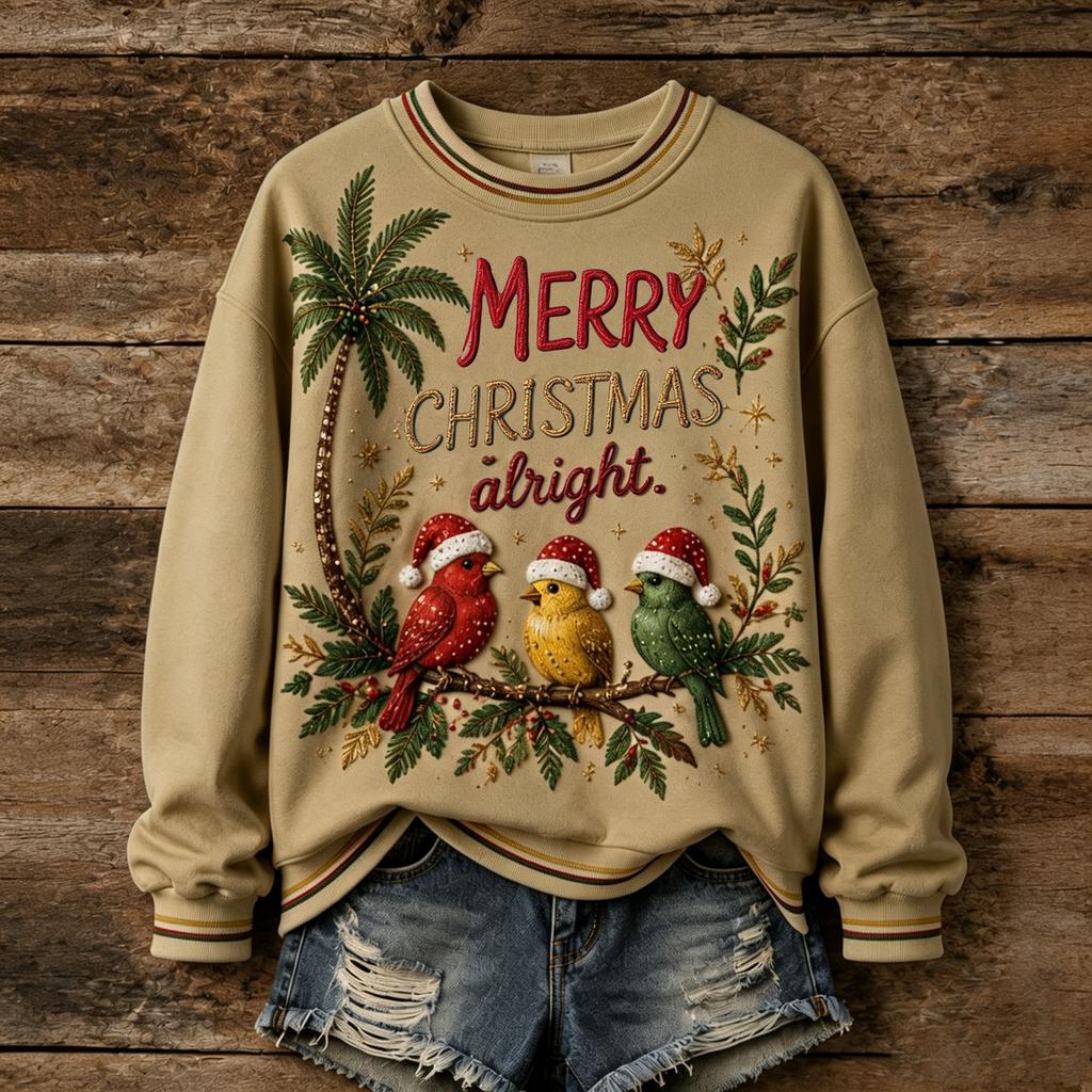 Damen Weihnachtsdruck Pullover mit langem Ärmel und Rundhalsausschnitt