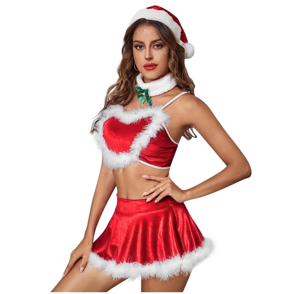 Damen Sexy Dessous Weihnachtskleid Flanell Plüsch Träger Schlitz Anzug