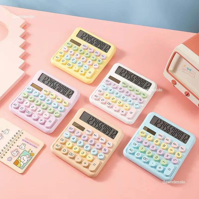 Mechanical Calculator 12 Digit Large LCD Display Big Round Button Cute Candy Colored Calculator Suitable for Office School