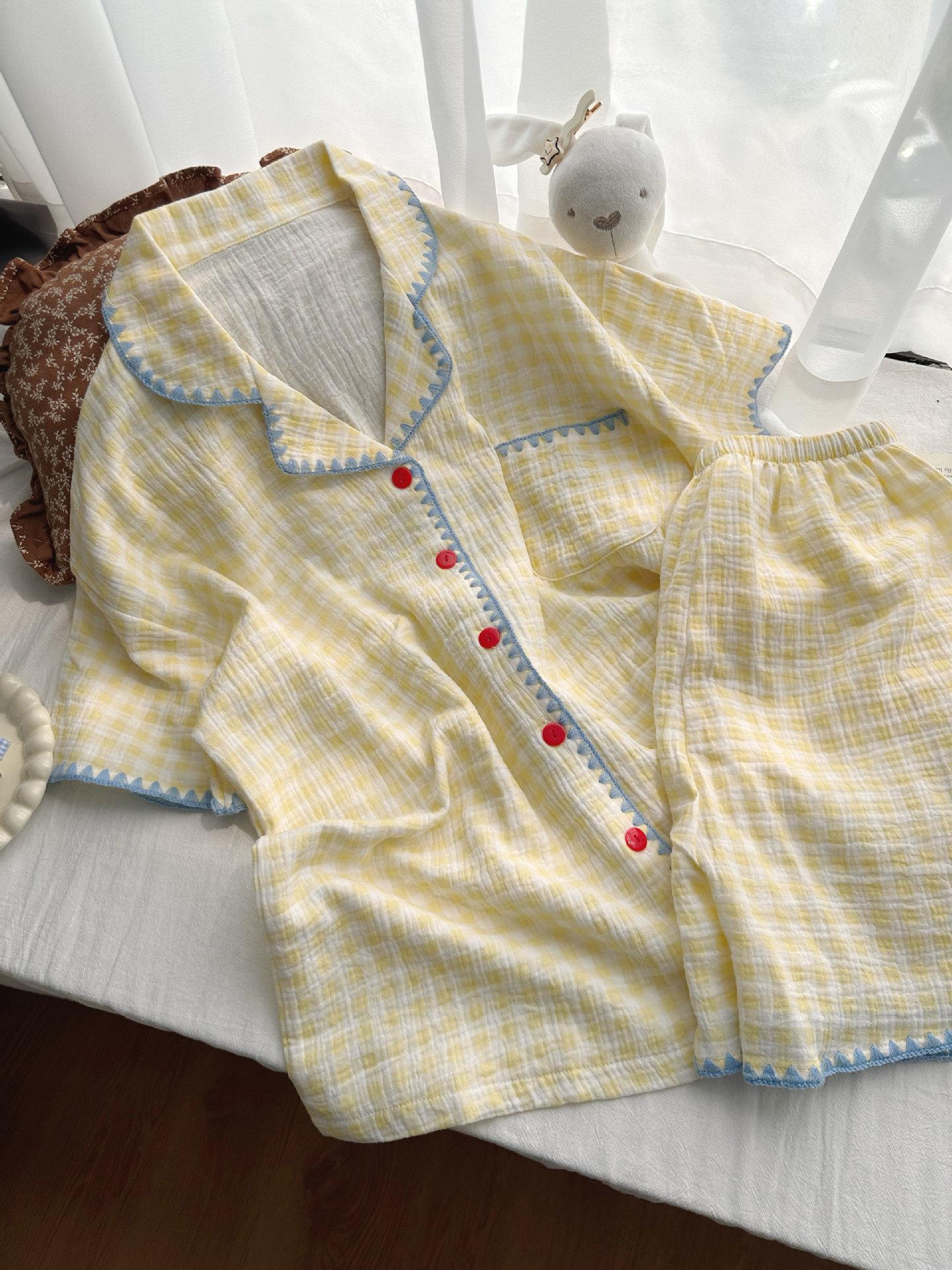 Premium yellow plaid pajamas women s summer lace short-sleeved shorts set women s casual loose loungewear S