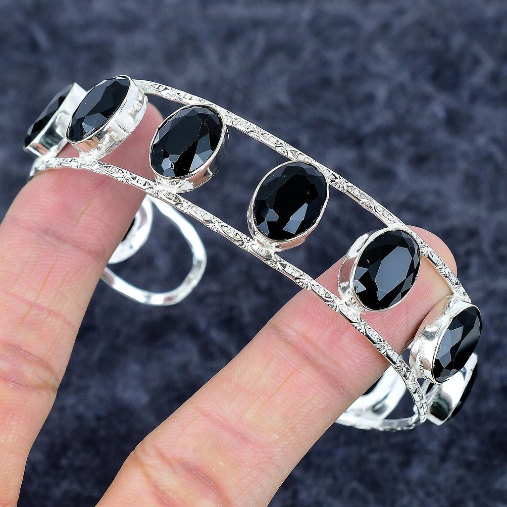 Black Spinel Gemstone Handmade 925 Sterling Silver Cuff Bangle Adjustable M-3332