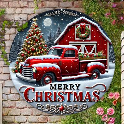 Vintage Red Truck Merry Christmas Sign 8 Inch Round Aluminum Metal Waterproof Wall Decor Farmhouse Decor with Christmas Tree