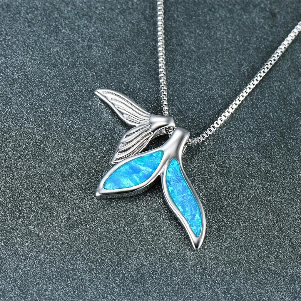 Fashion Cute Sea Whale Tail Pendant Necklace for Women Girl, Fashion Imitation Blue Opal Necklace, Wedding Party  Gift
