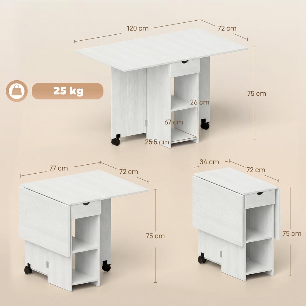 Folding Dining Table, Extendable Kitchen Table for 2 to 4 People, 2 Drop Leaves, 120 x 72 x 75 cm, White