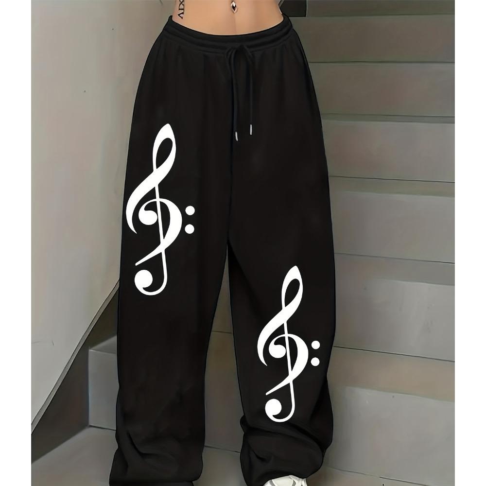Music Note Printed Sports Pants with Drawstring and Elastic Waist American Casual Trend Women Straight Leg Pants