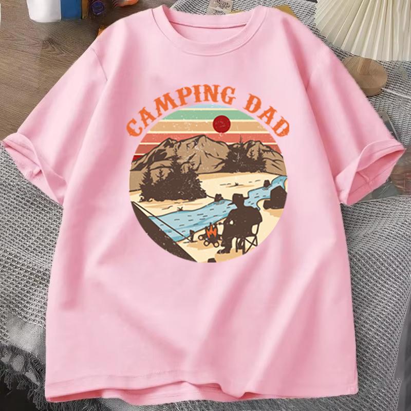 Outdoor Camping Dad T‑shirt "Camping Dad" Vintage Sunset Mountain Design Casual Short Sleeve Mens Tee Fathers Day Gift