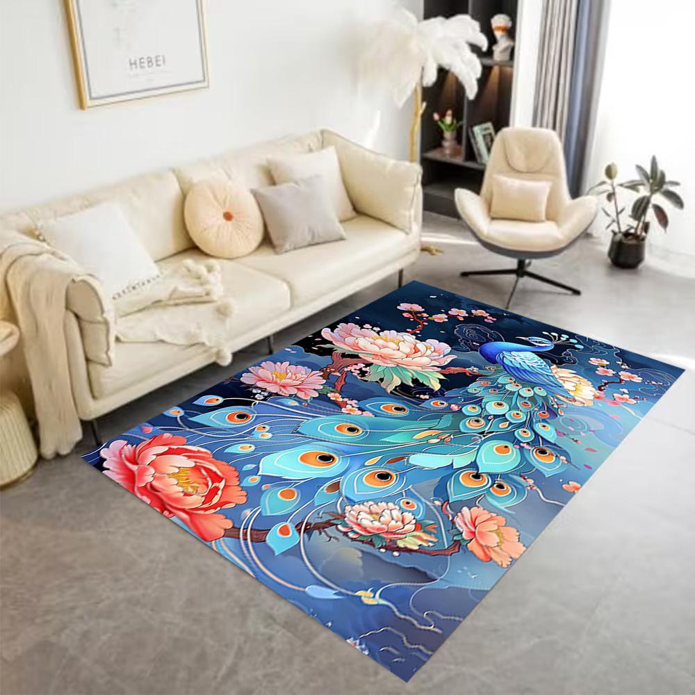 1pc Home Carpet Peacock and Flowers Non-Slip Design for Office Decor Living Room Bedroom Gift