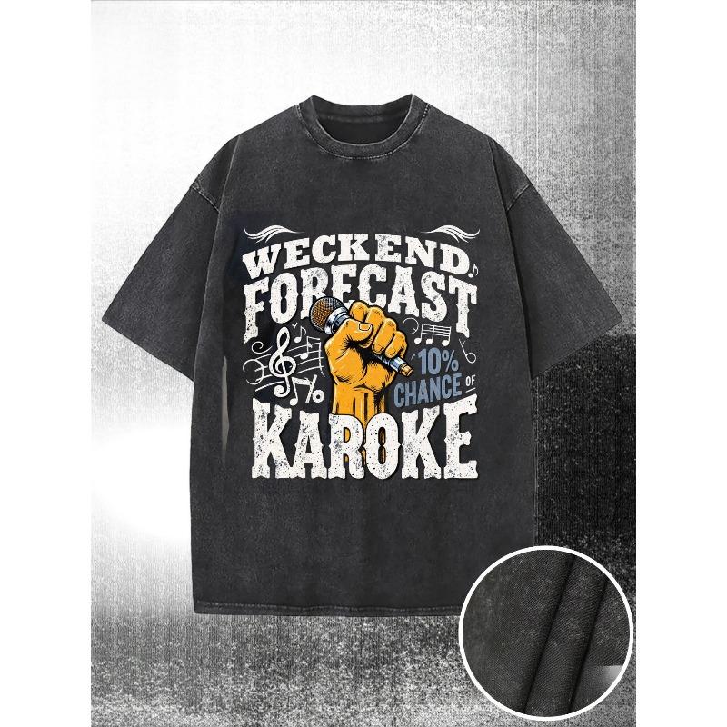 

Weekend Forecast Graphic Design T-Shirt, Featuring a Bold Print with a Yellow Fist Holding a Microphone, Distressed Lettering, And Musical Notes 5XL чорний