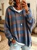 Women's Retro Plaid Hooded Knit Sweatshirt - Loose Fit, Drop Shoulder, Drawstring Pullover Sweater for Casual Wear.