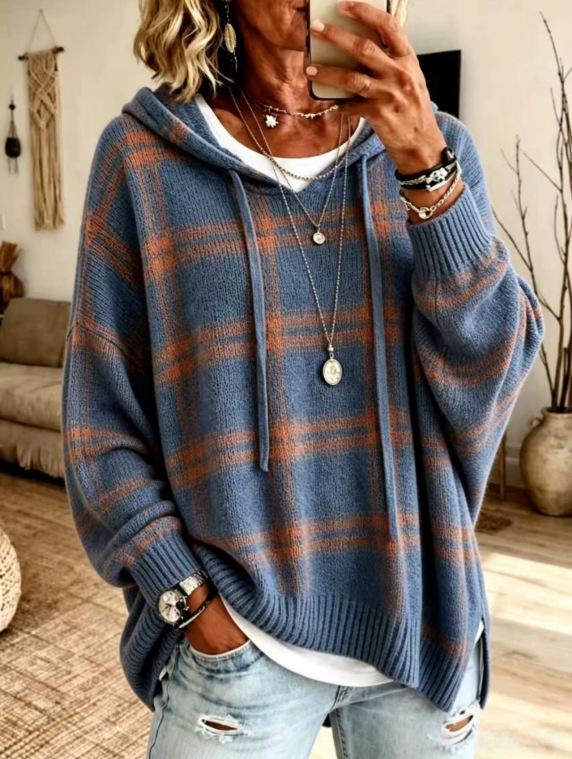 Women's Retro Plaid Hooded Knit Sweatshirt - Loose Fit, Drop Shoulder, Drawstring Pullover Sweater for Casual Wear.