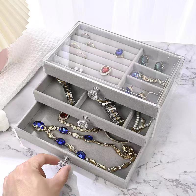 Three-Layer Velvet Jewelry Storage Box with Dustproof Acrylic Cover