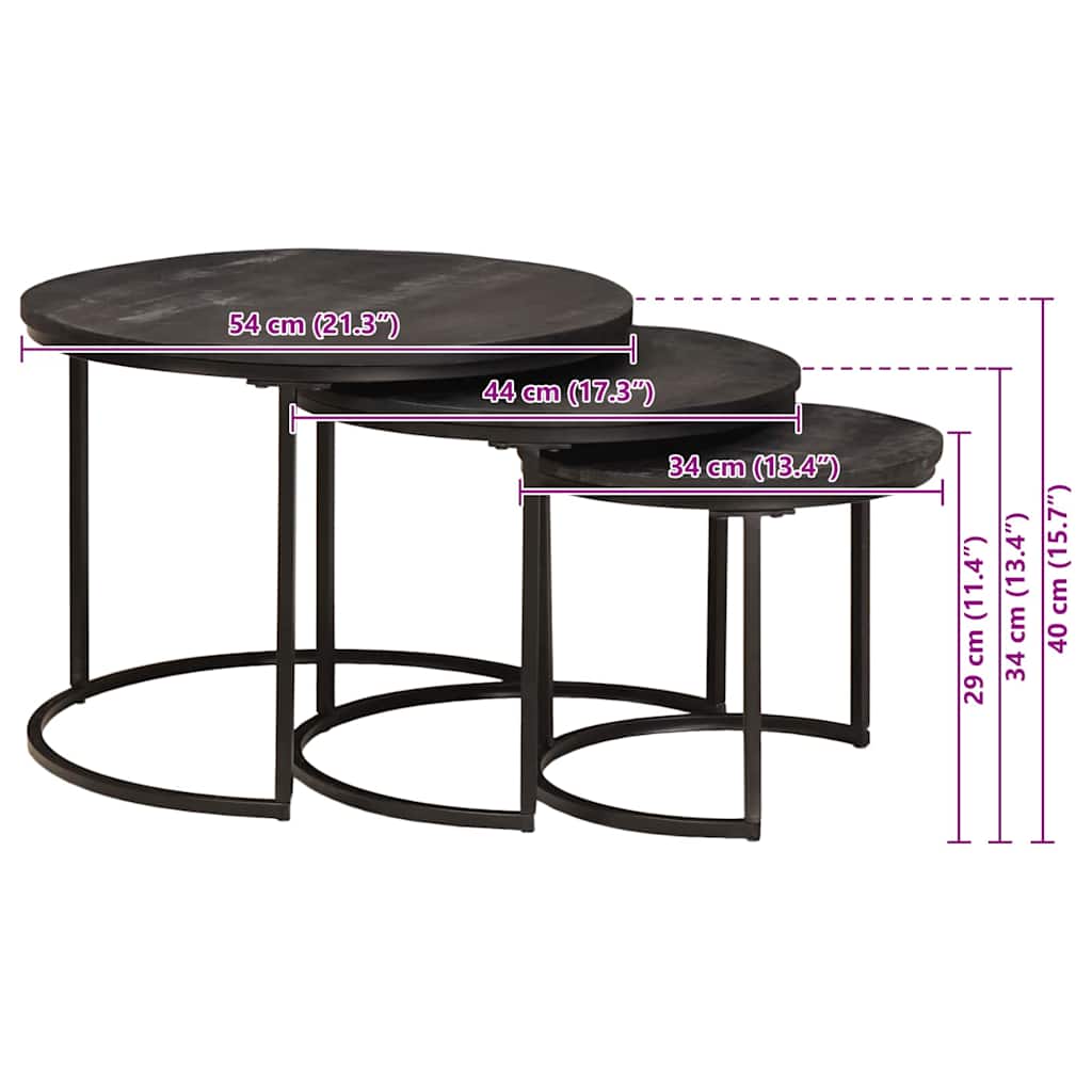 Nesting Coffee Tables Set 3 Pcs Black Solid Mango Wood and Steel