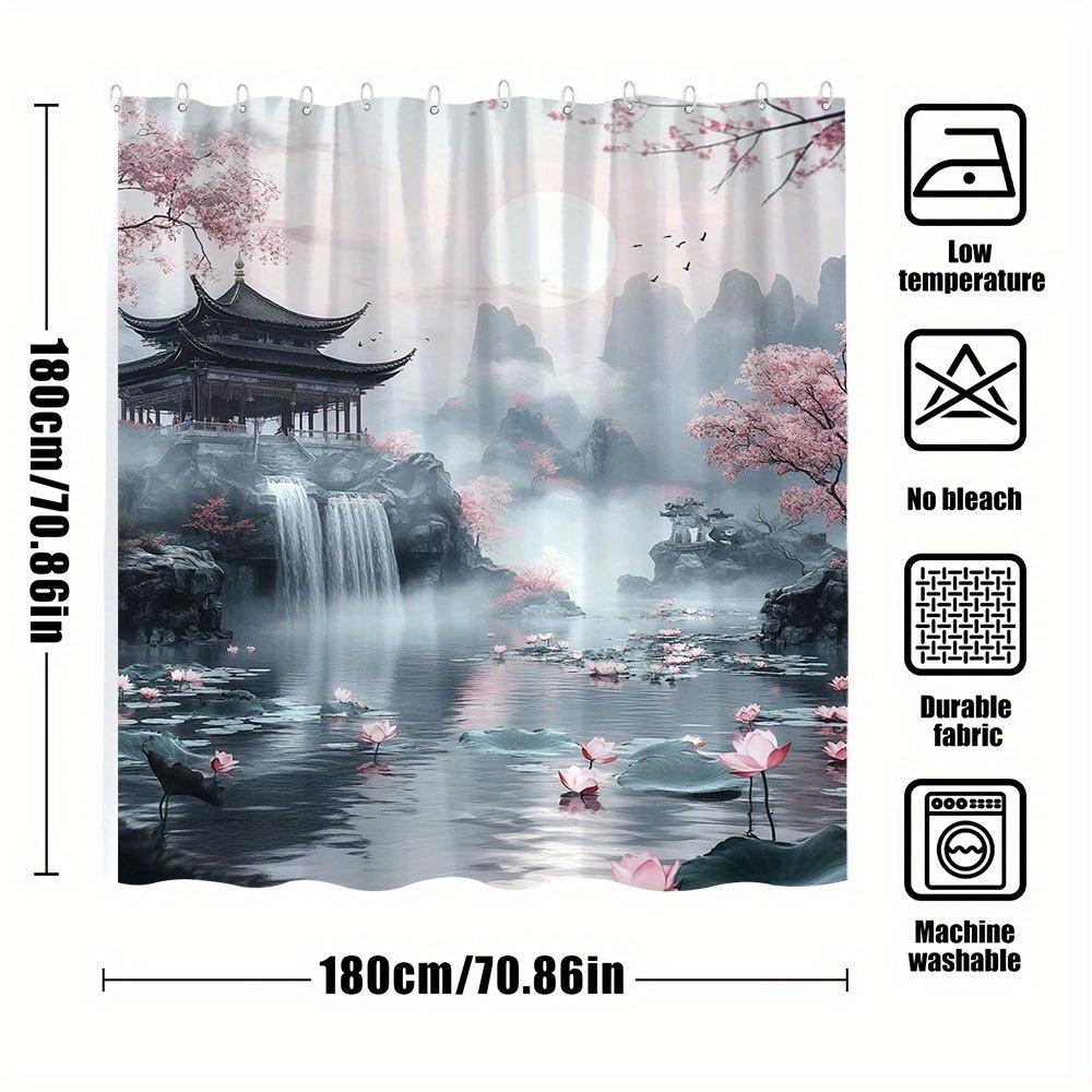1Pc Asian Landscape Shower Curtain - Serene Watercolor Art With Misty Mountains, Cherry Blossoms, Pagoda, Waterfall & For Lotus