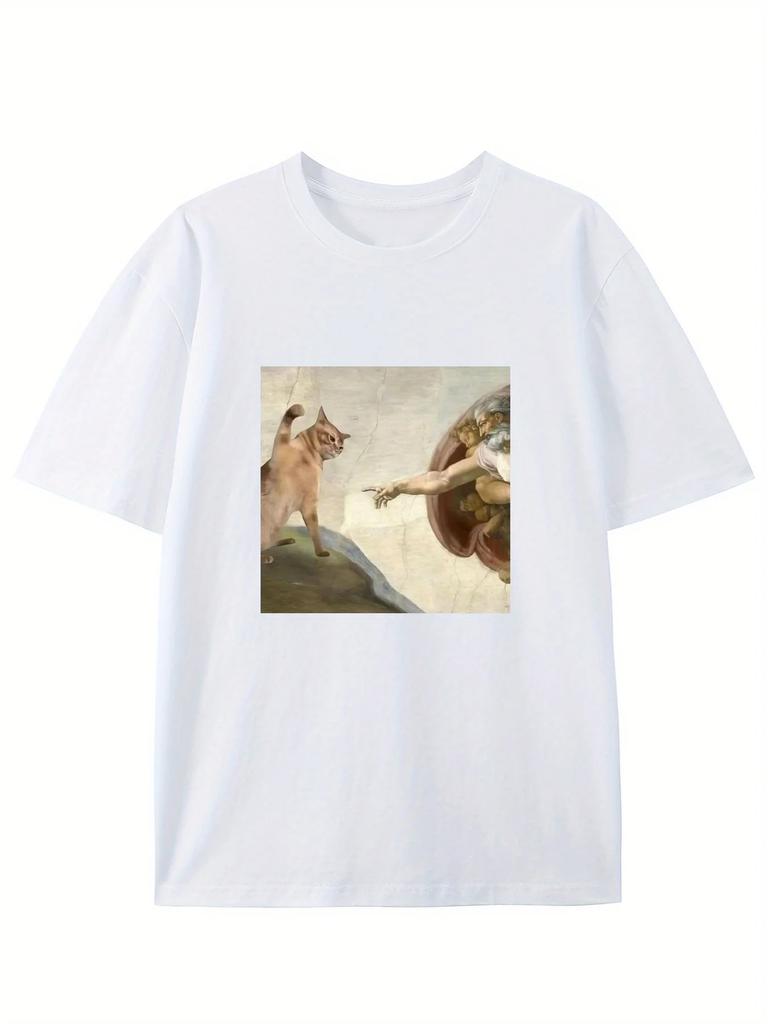 Humorous Cat and Adam Creation Parody Graphic Women Men T-Shirt Casual O-Neck Tee Fit Short Sleeve for Adult Summer Casual Top