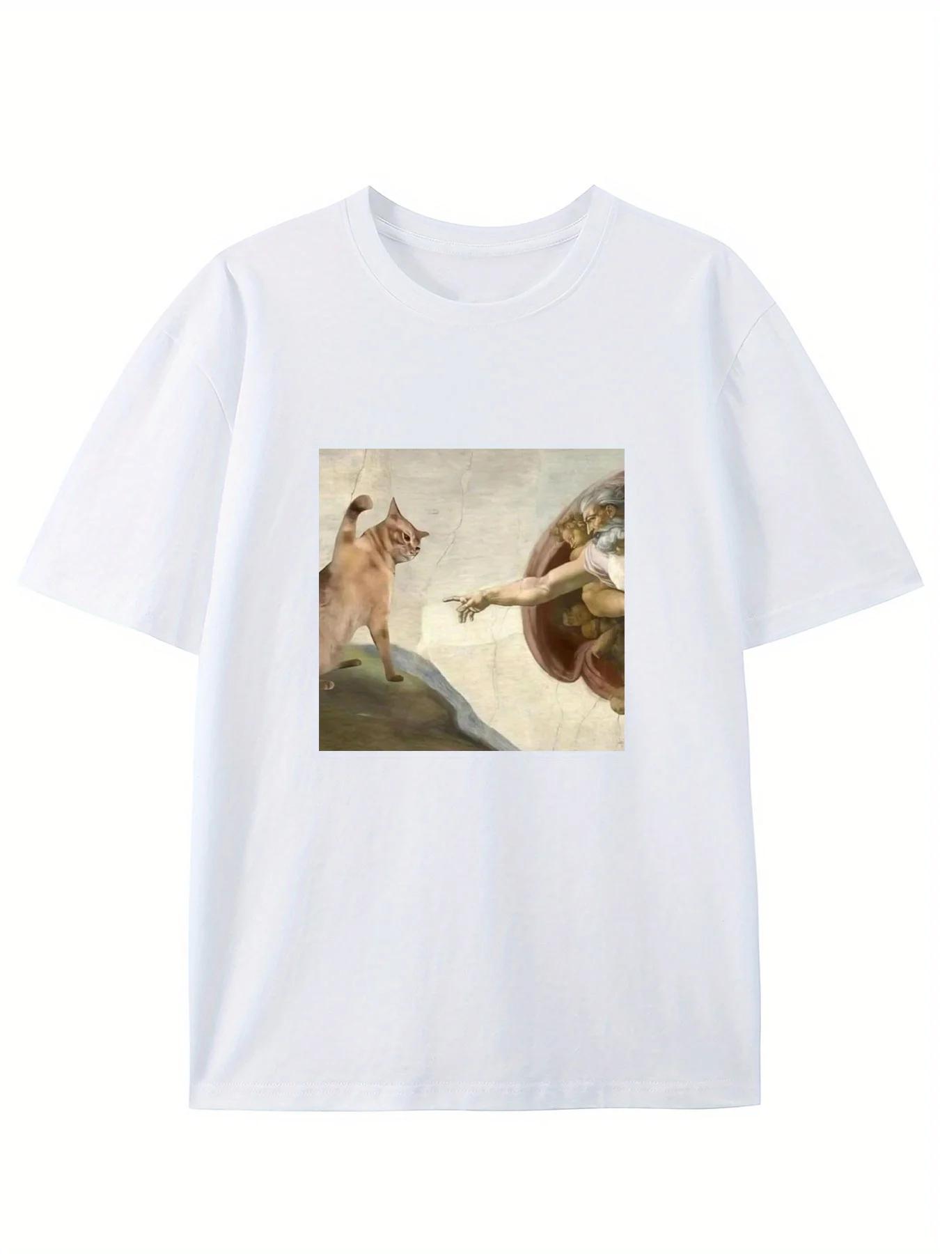 

Humorous Cat and Adam Creation Parody Graphic Women Men T-Shirt Casual O-Neck Tee Fit Short Sleeve for Adult Summer Casual Top S
